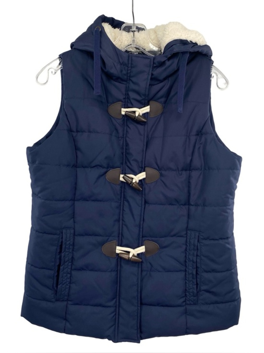 Lisa International Navy Blue Hooded Puffer Vest Small Sherpa Toggle Closure